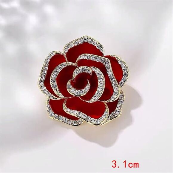 Women's Crystal Rhinestone Red Flower Camellia Pin Brooch Ladies' Fashion Red - Picture 3 of 6